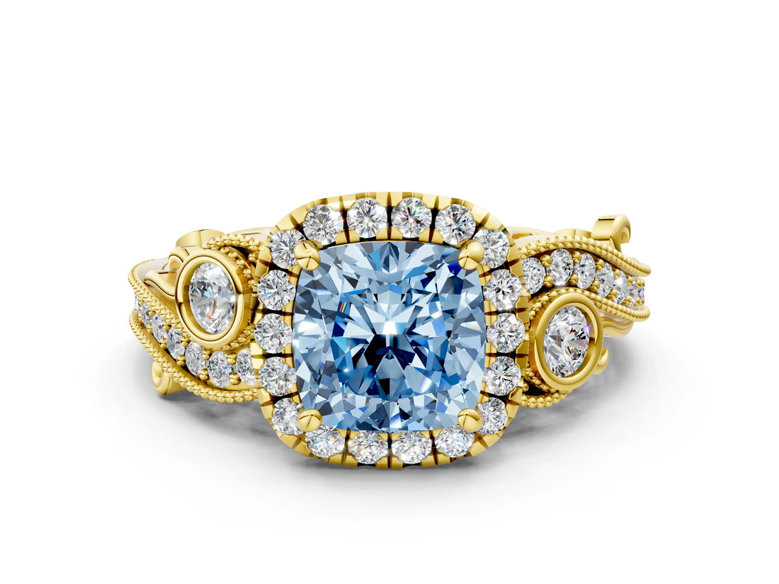 Yellow gold Fancy Blue Cushion Cut Halo Diamond Ring with Milgrain and Bezel Accents on a Split Shank Band_12