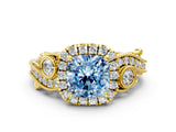Yellow gold Fancy Blue Cushion Cut Halo Diamond Ring with Milgrain and Bezel Accents on a Split Shank Band_12