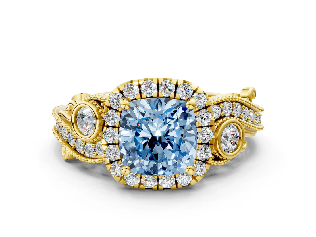 Yellow gold Fancy Blue Cushion Cut Halo Diamond Ring with Milgrain and Bezel Accents on a Split Shank Band_12
