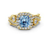 Yellow gold Fancy Blue Cushion Cut Halo Diamond Ring with Milgrain and Bezel Accents on a Split Shank Band_12