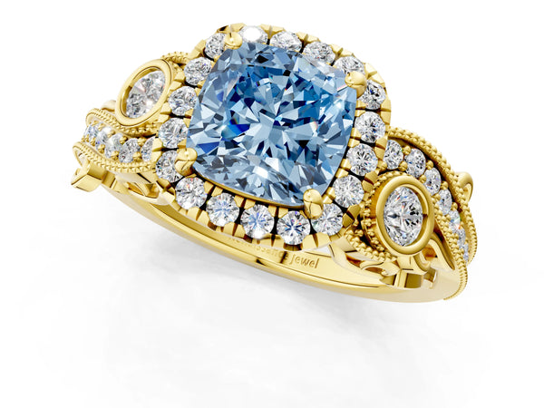 Yellow gold Fancy Blue Cushion Cut Halo Diamond Ring with Milgrain and Bezel Accents on a Split Shank Band