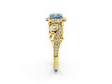 Yellow gold Fancy Blue Cushion Cut Halo Diamond Ring with Milgrain and Bezel Accents on a Split Shank Band_14