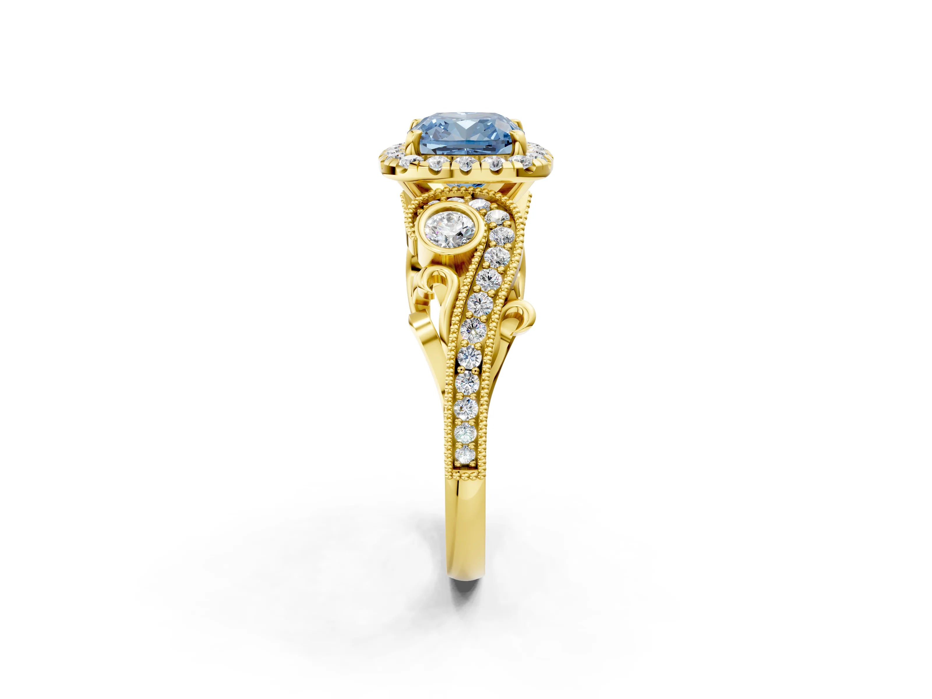 Yellow gold Fancy Blue Cushion Cut Halo Diamond Ring with Milgrain and Bezel Accents on a Split Shank Band_2