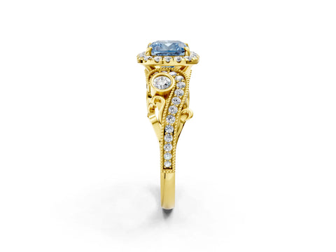 Yellow gold Fancy Blue Cushion Cut Halo Diamond Ring with Milgrain and Bezel Accents on a Split Shank Band_2