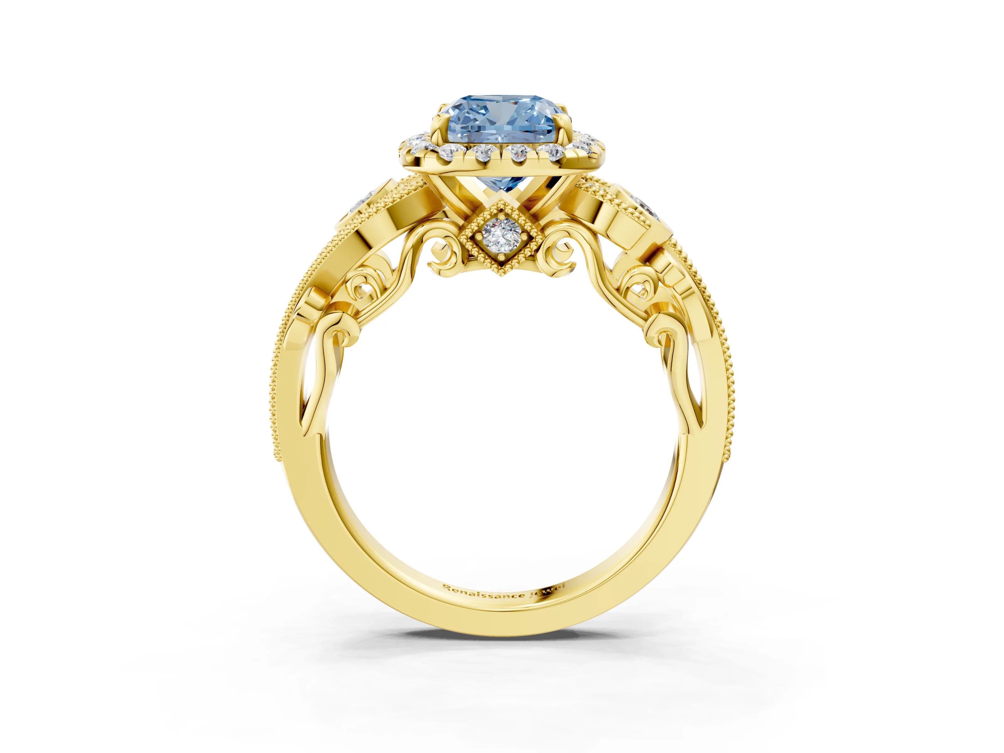 Yellow gold Fancy Blue Cushion Cut Halo Diamond Ring with Milgrain and Bezel Accents on a Split Shank Band_3