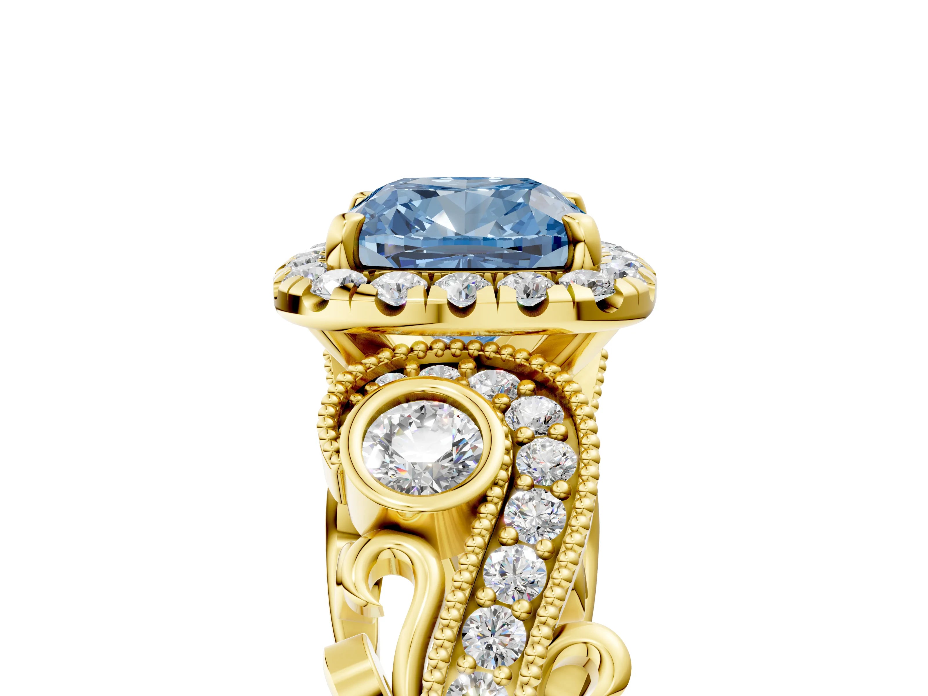 Yellow gold Fancy Blue Cushion Cut Halo Diamond Ring with Milgrain and Bezel Accents on a Split Shank Band_5