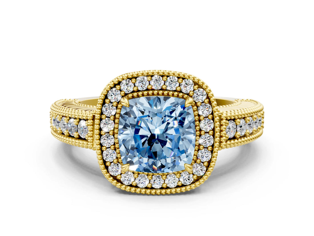 Yellow gold Fancy Blue Cushion  Cut Halo Diamond Ring with Pavé Band and Four-Prong Setting_68