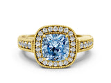 Yellow gold Fancy Blue Cushion  Cut Halo Diamond Ring with Pavé Band and Four-Prong Setting_68