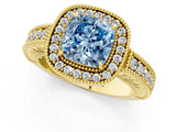 Yellow gold Fancy Blue Cushion  Cut Halo Diamond Ring with Pavé Band and Four-Prong Setting_69