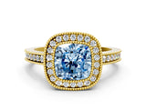 Yellow gold Fancy Blue Cushion  Cut Halo Diamond Ring with Pavé Band and Milgrain Prong Setting_32