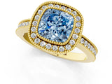 Yellow gold Fancy Blue Cushion  Cut Halo Diamond Ring with Pavé Band and Milgrain Prong Setting_33