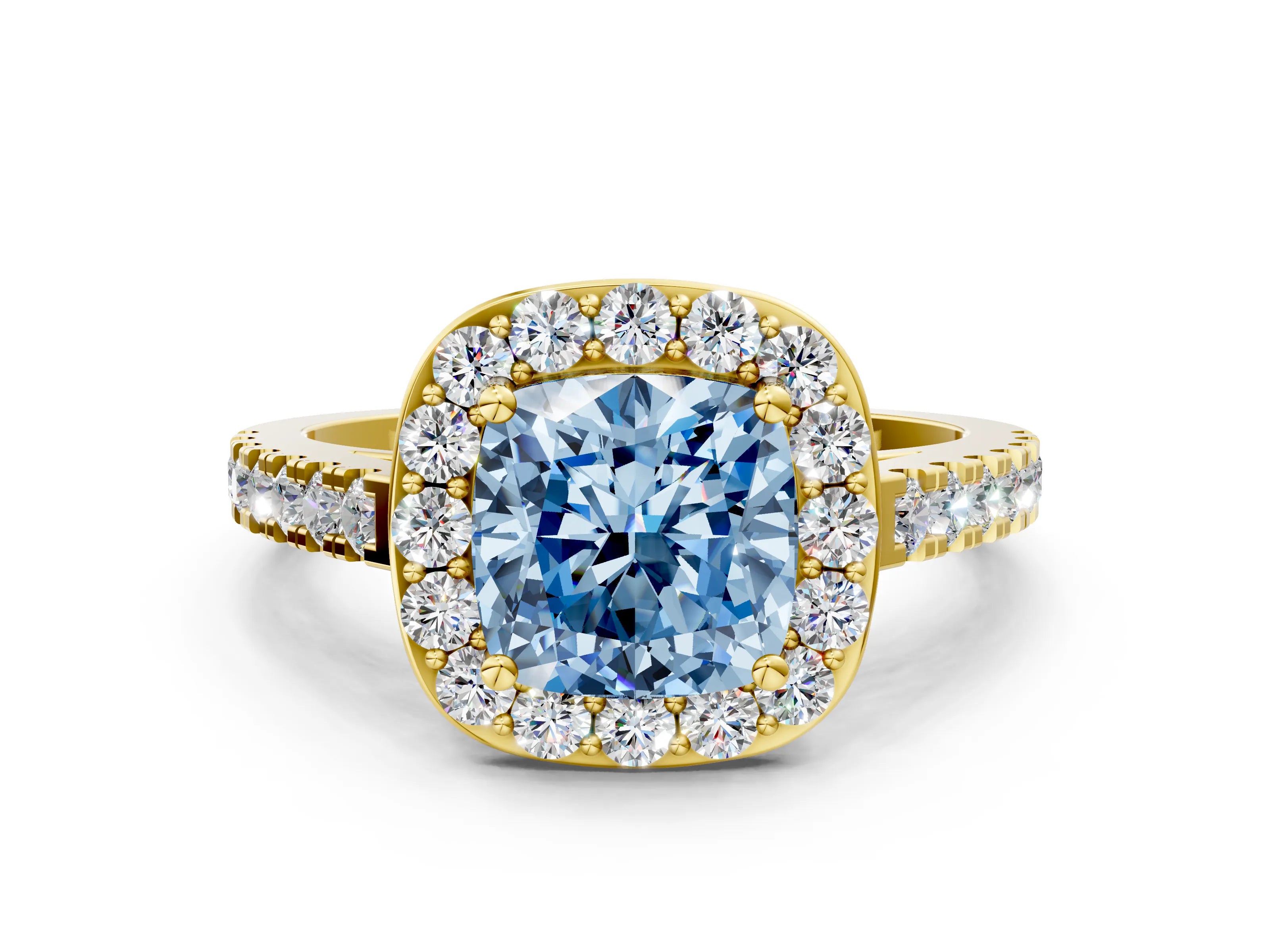 Yellow gold Fancy Blue Cushion Cut Halo Diamond Ring with Pavé Band and Three-Prong Setting