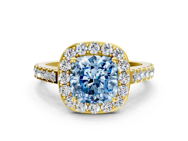 Yellow gold Fancy Blue Cushion Cut Halo Diamond Ring with Pavé Band and Three-Prong Setting