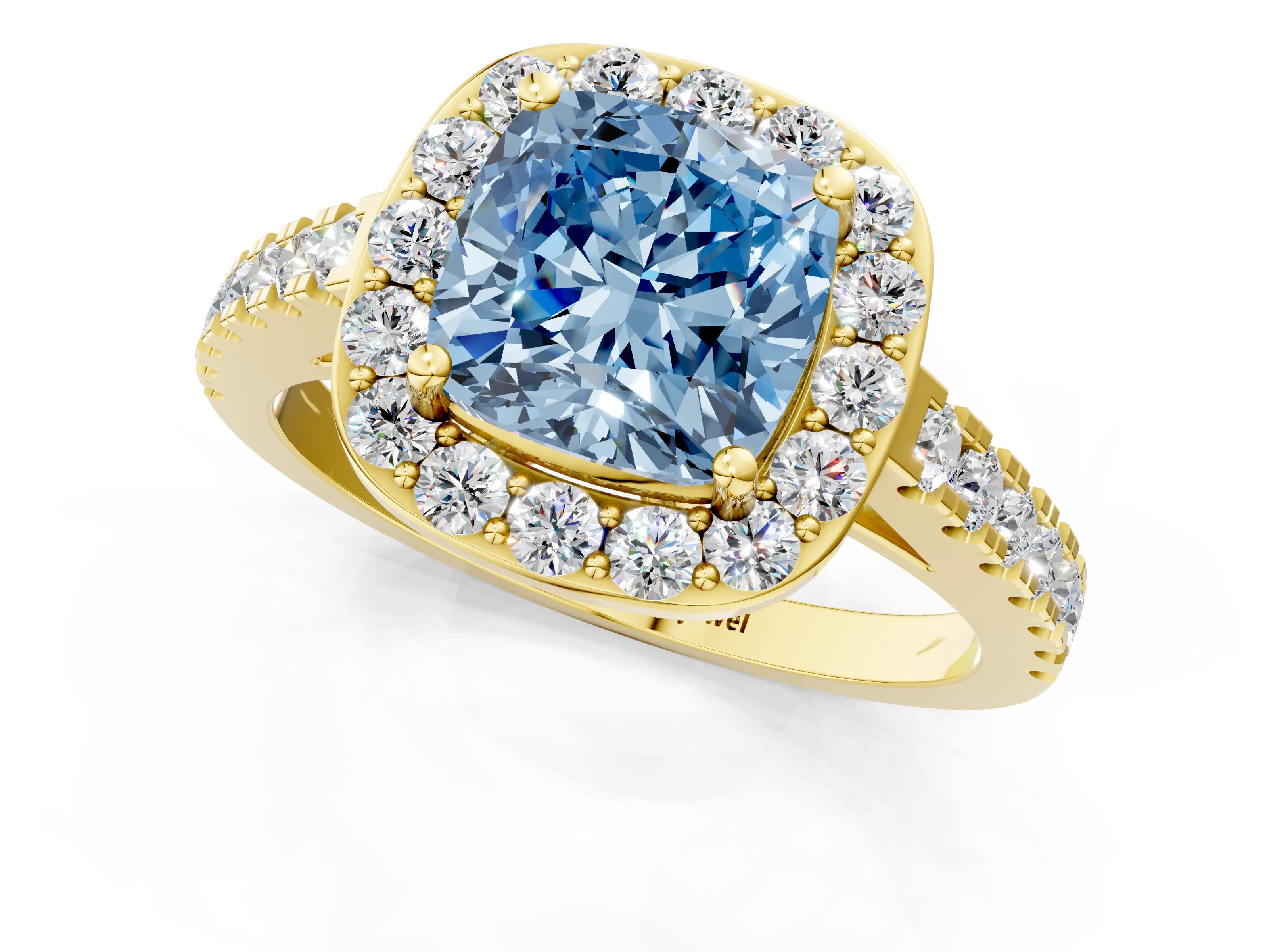 Yellow gold Fancy Blue Cushion Cut Halo Diamond Ring with Pavé Band and Three-Prong Setting_1
