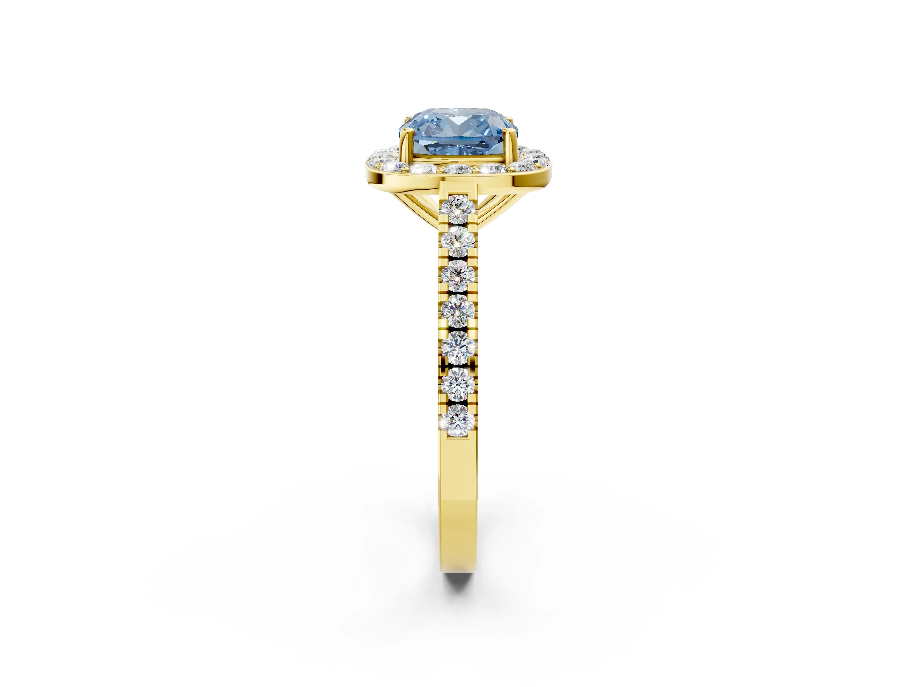 Yellow gold Fancy Blue Cushion Cut Halo Diamond Ring with Pavé Band and Three-Prong Setting_2