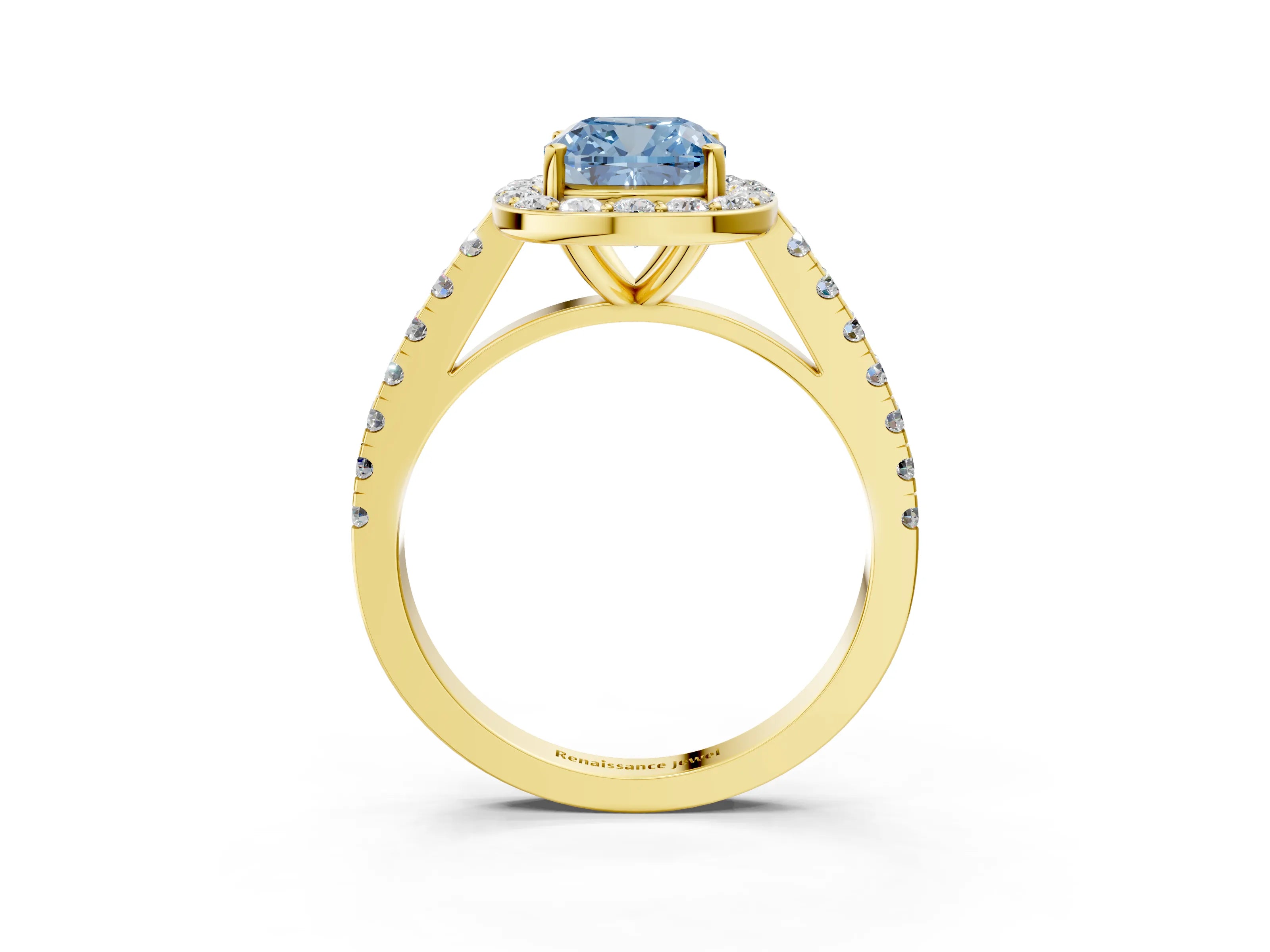 Yellow gold Fancy Blue Cushion Cut Halo Diamond Ring with Pavé Band and Three-Prong Setting_3