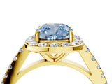 Yellow gold Fancy Blue Cushion Cut Halo Diamond Ring with Pavé Band and Three-Prong Setting_4