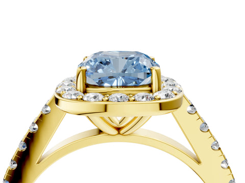 Yellow gold Fancy Blue Cushion Cut Halo Diamond Ring with Pavé Band and Three-Prong Setting_4