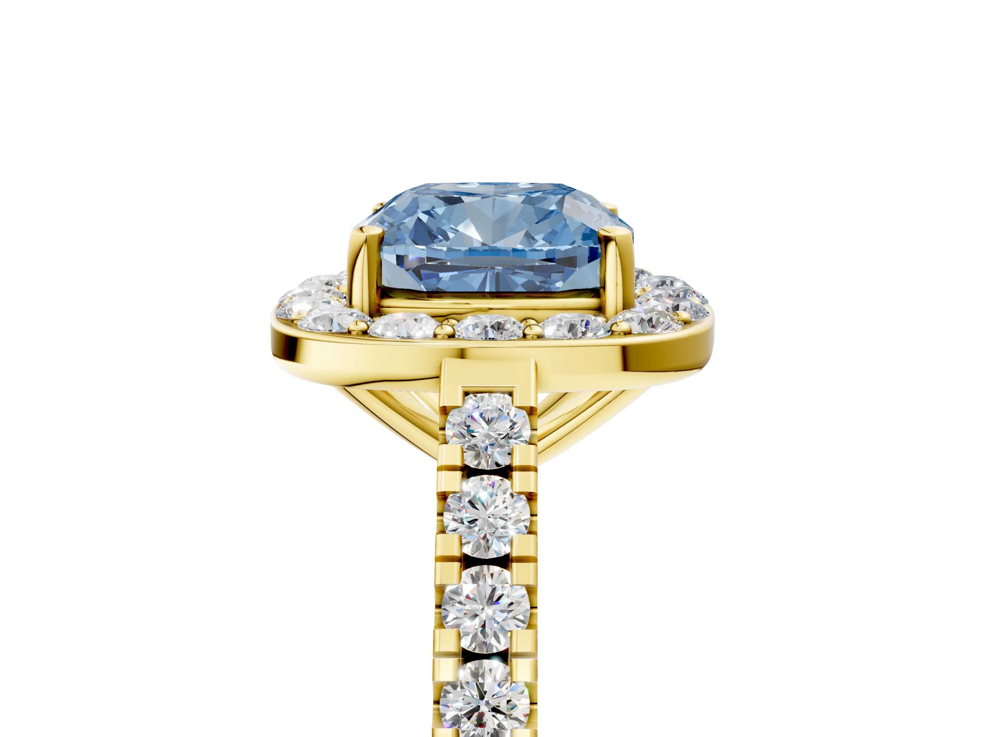 Yellow gold Fancy Blue Cushion Cut Halo Diamond Ring with Pavé Band and Three-Prong Setting_5