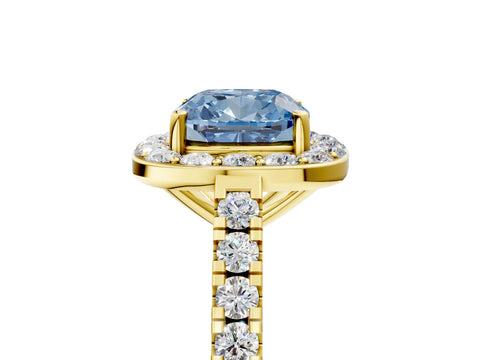 Yellow gold Fancy Blue Cushion Cut Halo Diamond Ring with Pavé Band and Three-Prong Setting_5