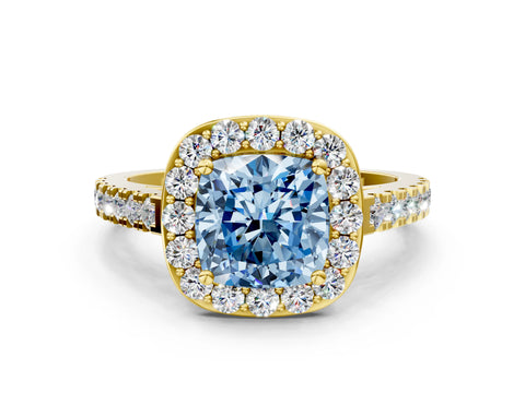 Yellow gold Fancy Blue Cushion Cut Halo Diamond Ring with Pavé Band and Three-Prong Setting