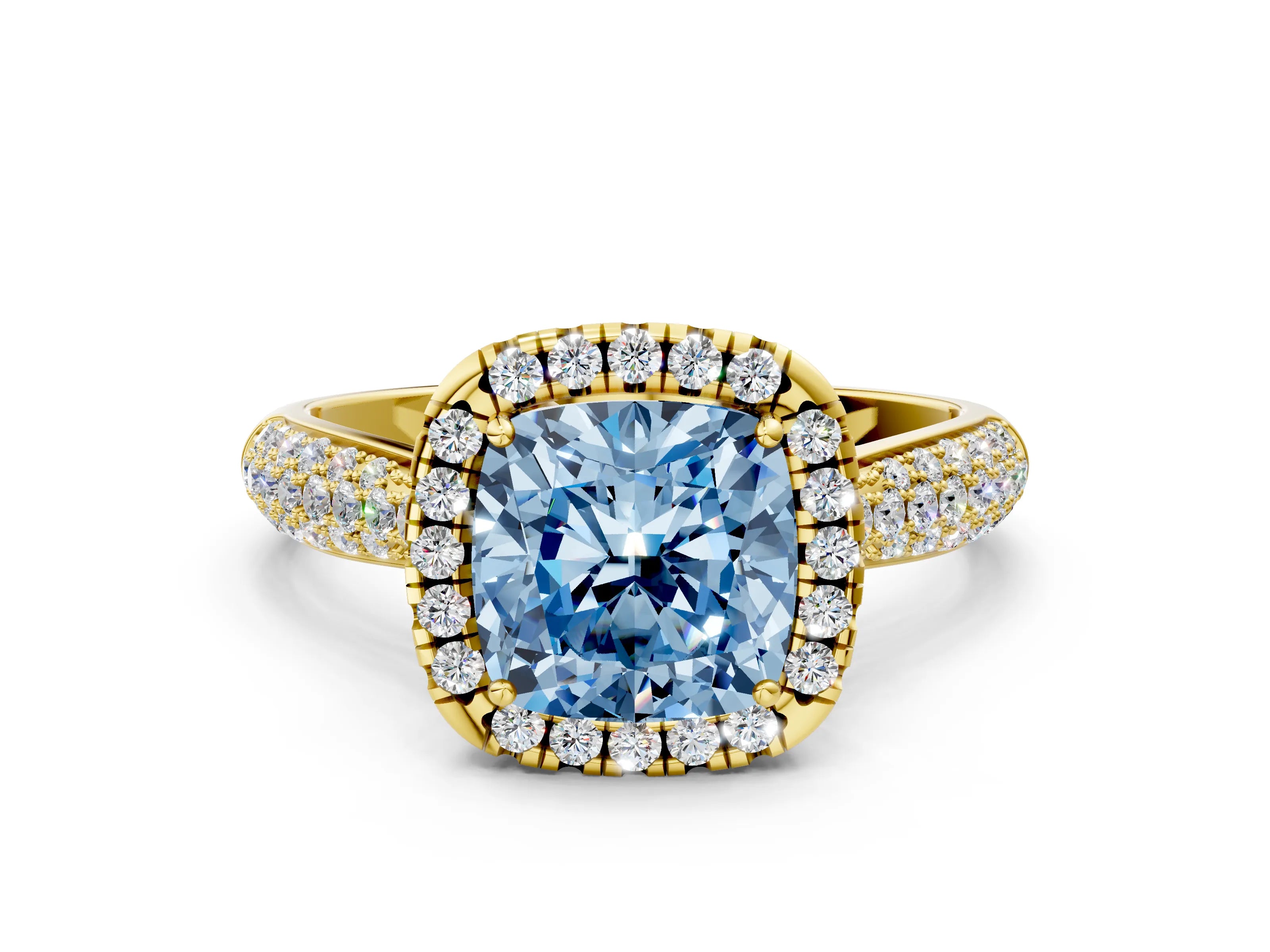 Yellow gold Fancy Blue Cushion Cut Halo Diamond Ring with Pavé Band