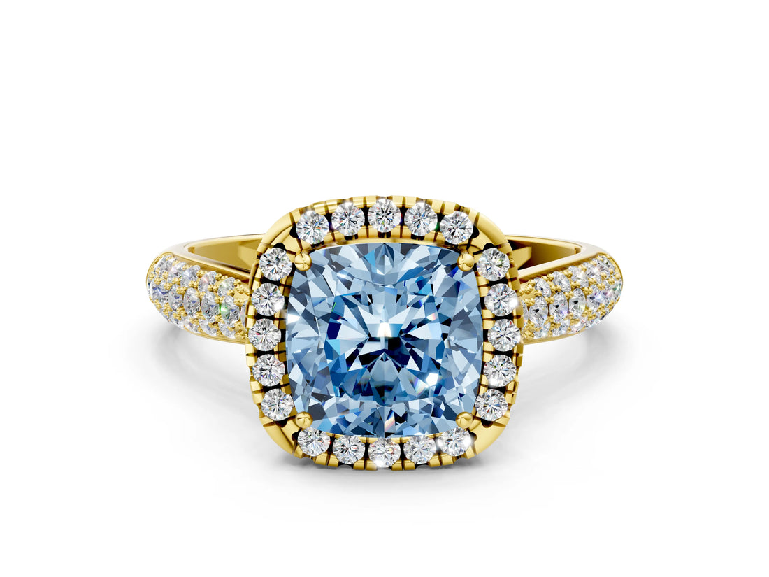 Yellow gold Fancy Blue Cushion Cut Halo Diamond Ring with Pavé Band