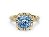 Yellow gold Fancy Blue Cushion Cut Halo Diamond Ring with Pavé Band