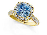 Yellow gold Fancy Blue Cushion Cut Halo Diamond Ring with Pavé Band_1