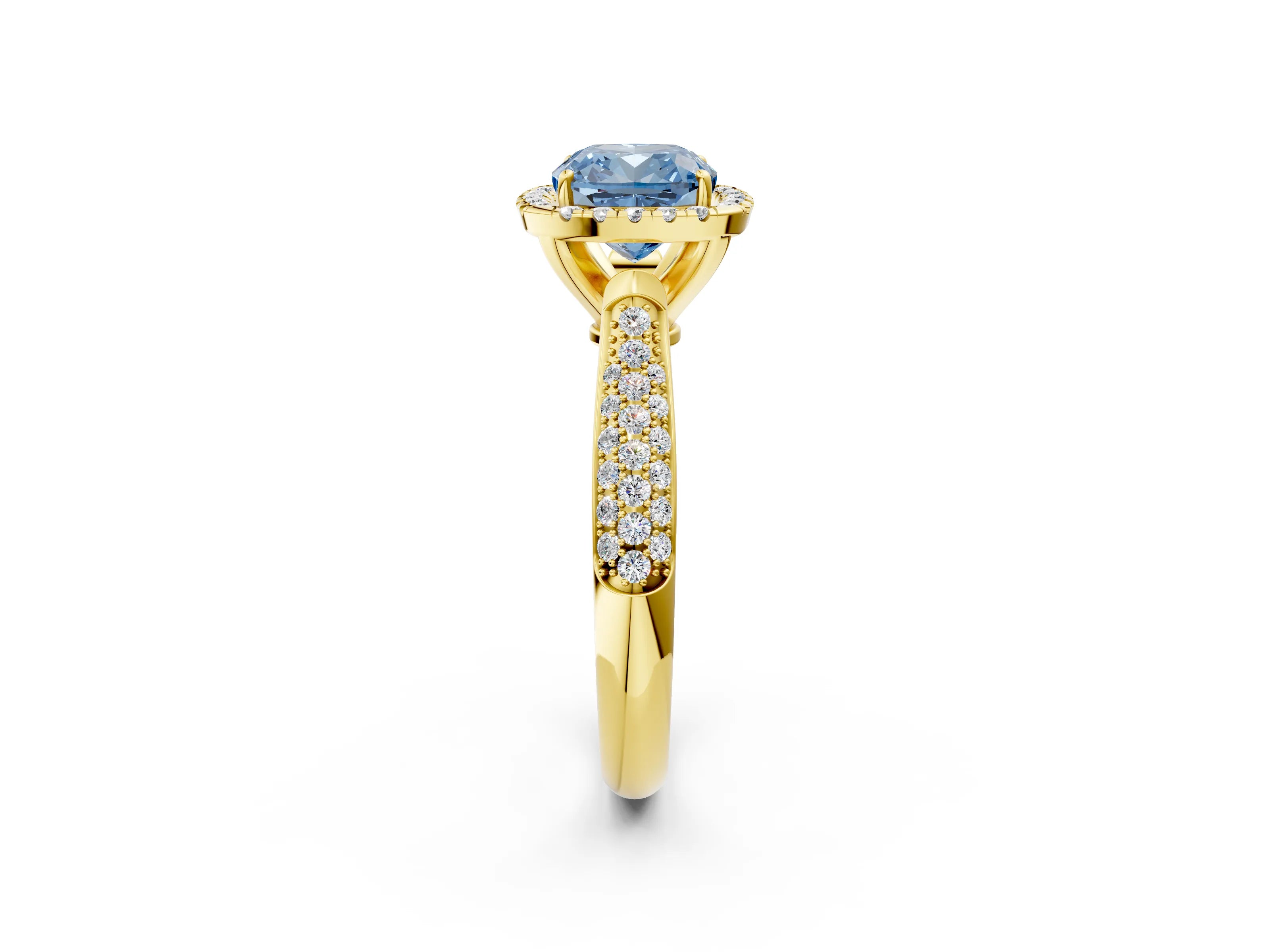 Yellow gold Fancy Blue Cushion Cut Halo Diamond Ring with Pavé Band_2