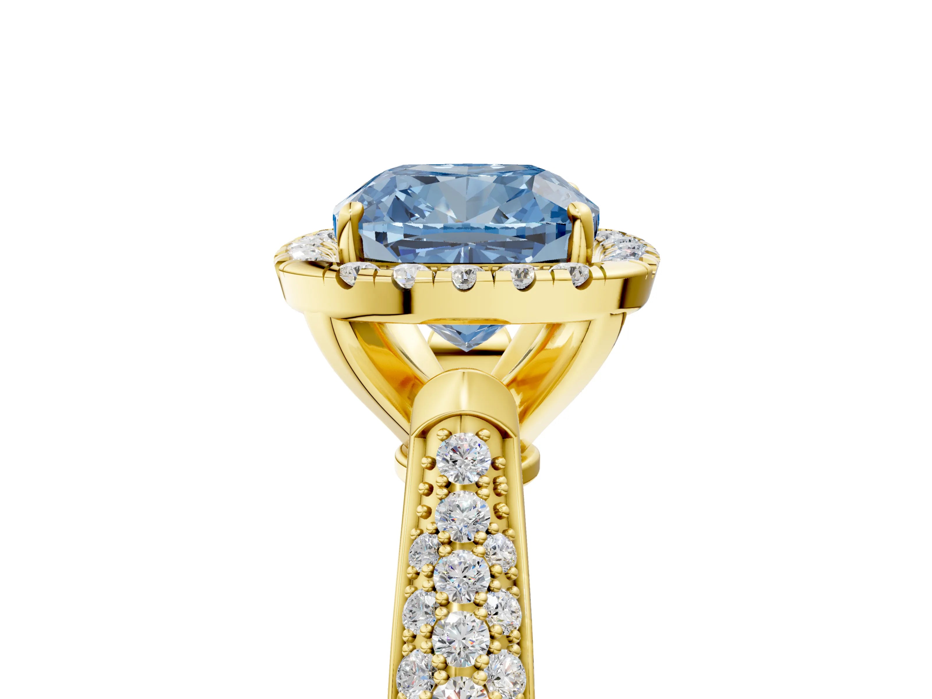 Yellow gold Fancy Blue Cushion Cut Halo Diamond Ring with Pavé Band_5