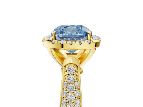 Yellow gold Fancy Blue Cushion Cut Halo Diamond Ring with Pavé Band_5