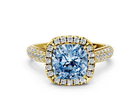 Yellow gold Fancy Blue Cushion Cut Halo Diamond Ring with Pavé Band