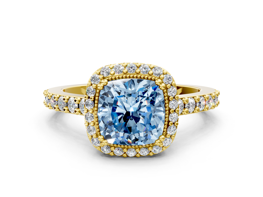 Yellow gold Fancy Blue Cushion  Cut Halo Diamond Ring with Pave Band and Four-Prong Setting_24