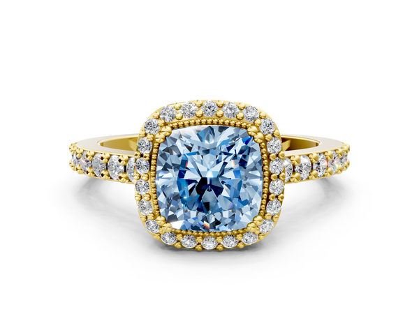 Yellow gold Fancy Blue Cushion  Cut Diamond Halo Engagement Ring with Milgrain Detail and Pavé Band