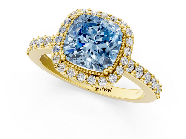 Yellow gold Fancy Blue Cushion  Cut Diamond Halo Engagement Ring with Milgrain Detail and Pavé Band