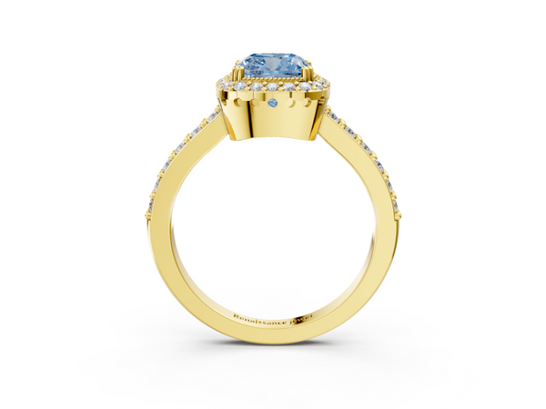 Yellow gold Fancy Blue Cushion  Cut Diamond Halo Engagement Ring with Milgrain Detail and Pavé Band