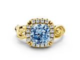 Yellow gold Fancy Blue Cushion  Cut Halo Diamond Ring with Scrollwork Band and Four-Prong Setting_90