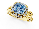 Yellow gold Fancy Blue Cushion  Cut Halo Diamond Ring with Scrollwork Band and Four-Prong Setting_91