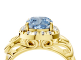 Yellow gold Fancy Blue Cushion  Cut Halo Diamond Ring with Scrollwork Band and Four-Prong Setting_94