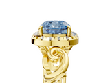 Yellow gold Fancy Blue Cushion  Cut Halo Diamond Ring with Scrollwork Band and Four-Prong Setting_95