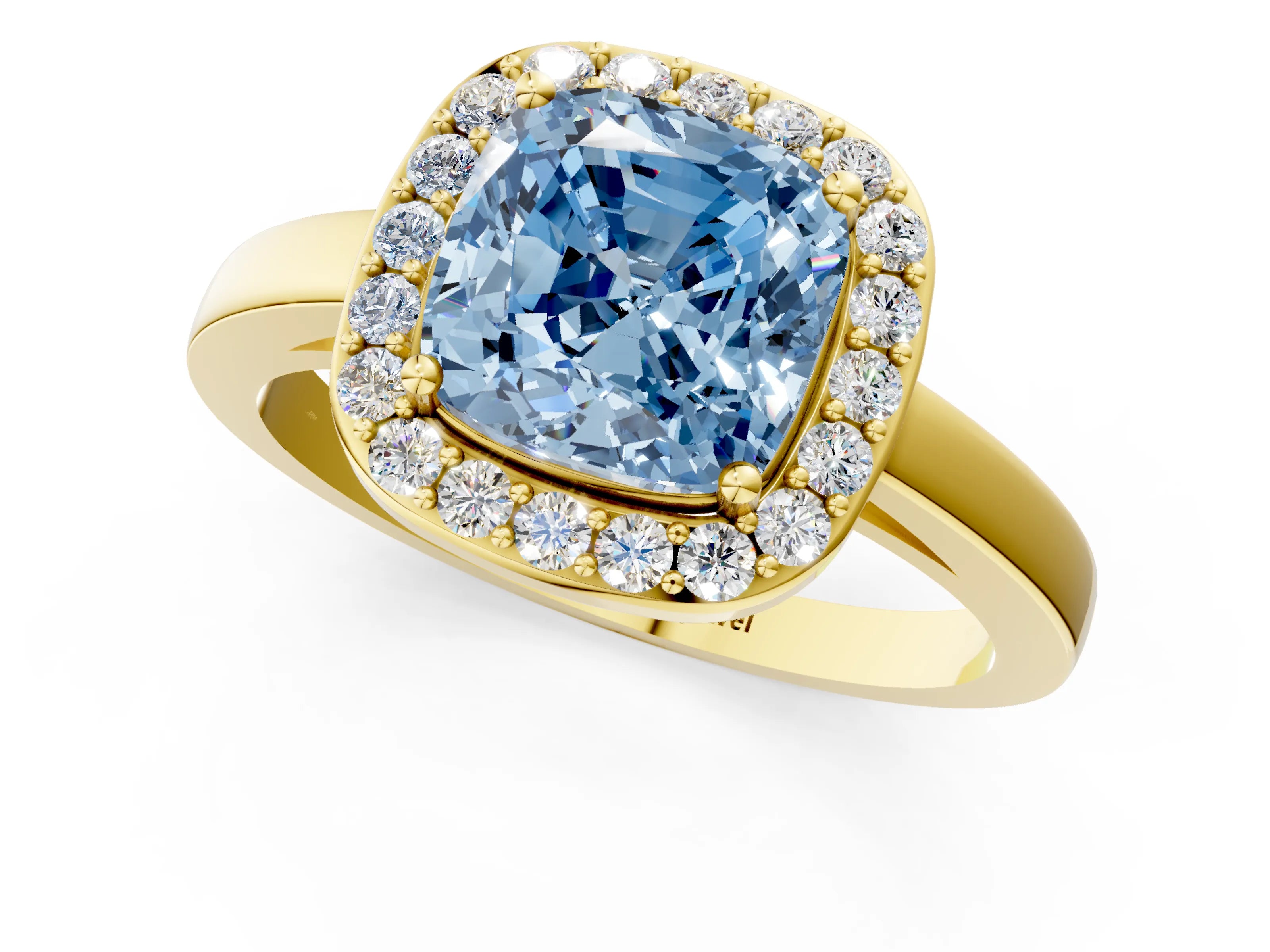 Yellow gold Fancy Blue Cushion Cut Halo Diamond Ring with Solitaire Band and Prong Setting_1