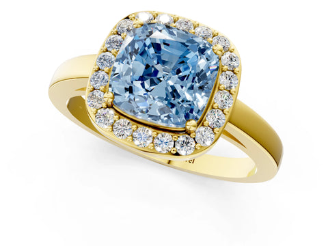 Yellow gold Fancy Blue Cushion Cut Halo Diamond Ring with Solitaire Band and Prong Setting_1