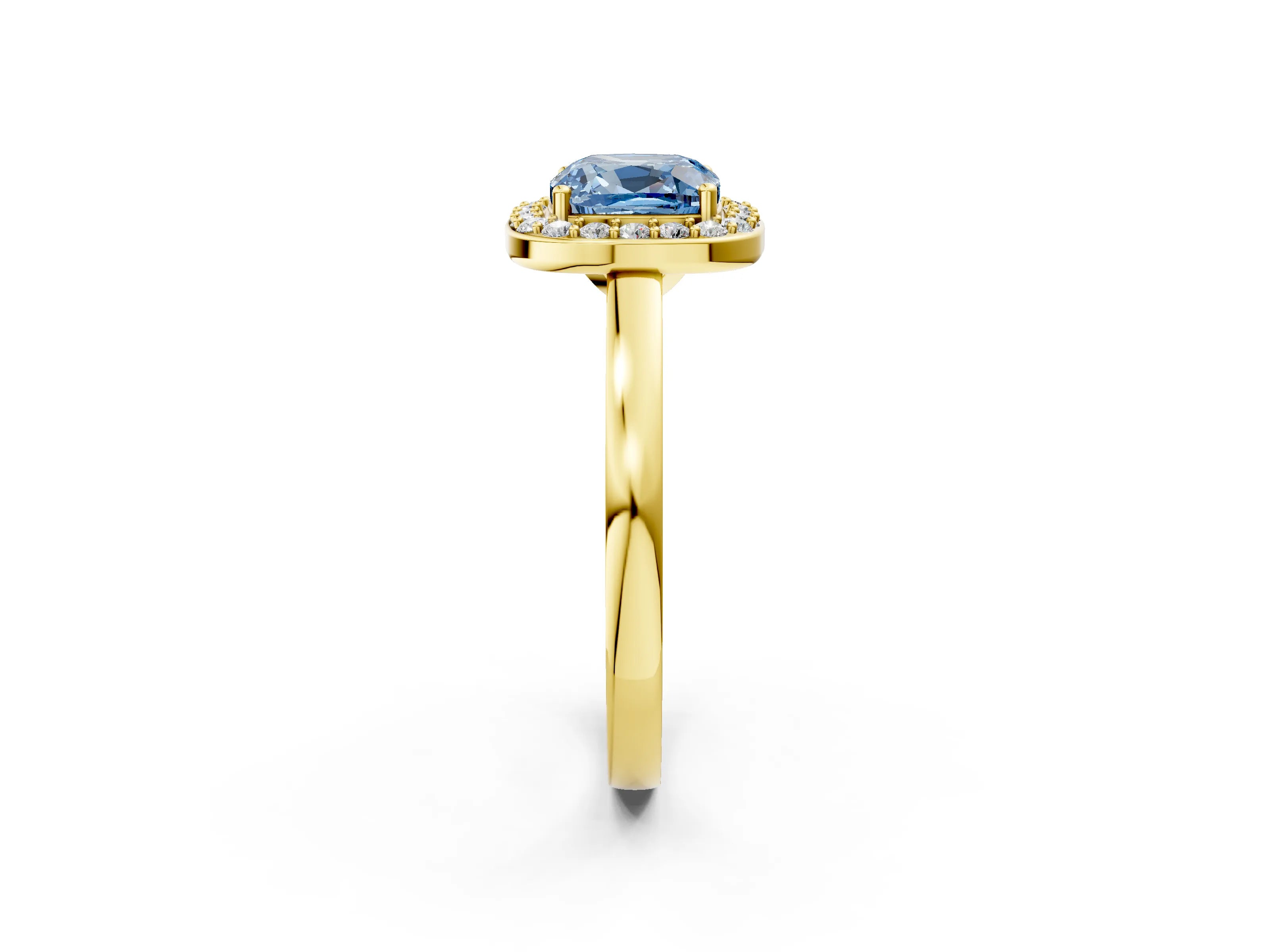 Yellow gold Fancy Blue Cushion Cut Halo Diamond Ring with Solitaire Band and Prong Setting_2