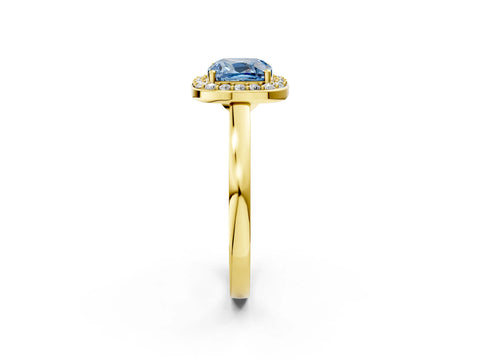 Yellow gold Fancy Blue Cushion Cut Halo Diamond Ring with Solitaire Band and Prong Setting_2