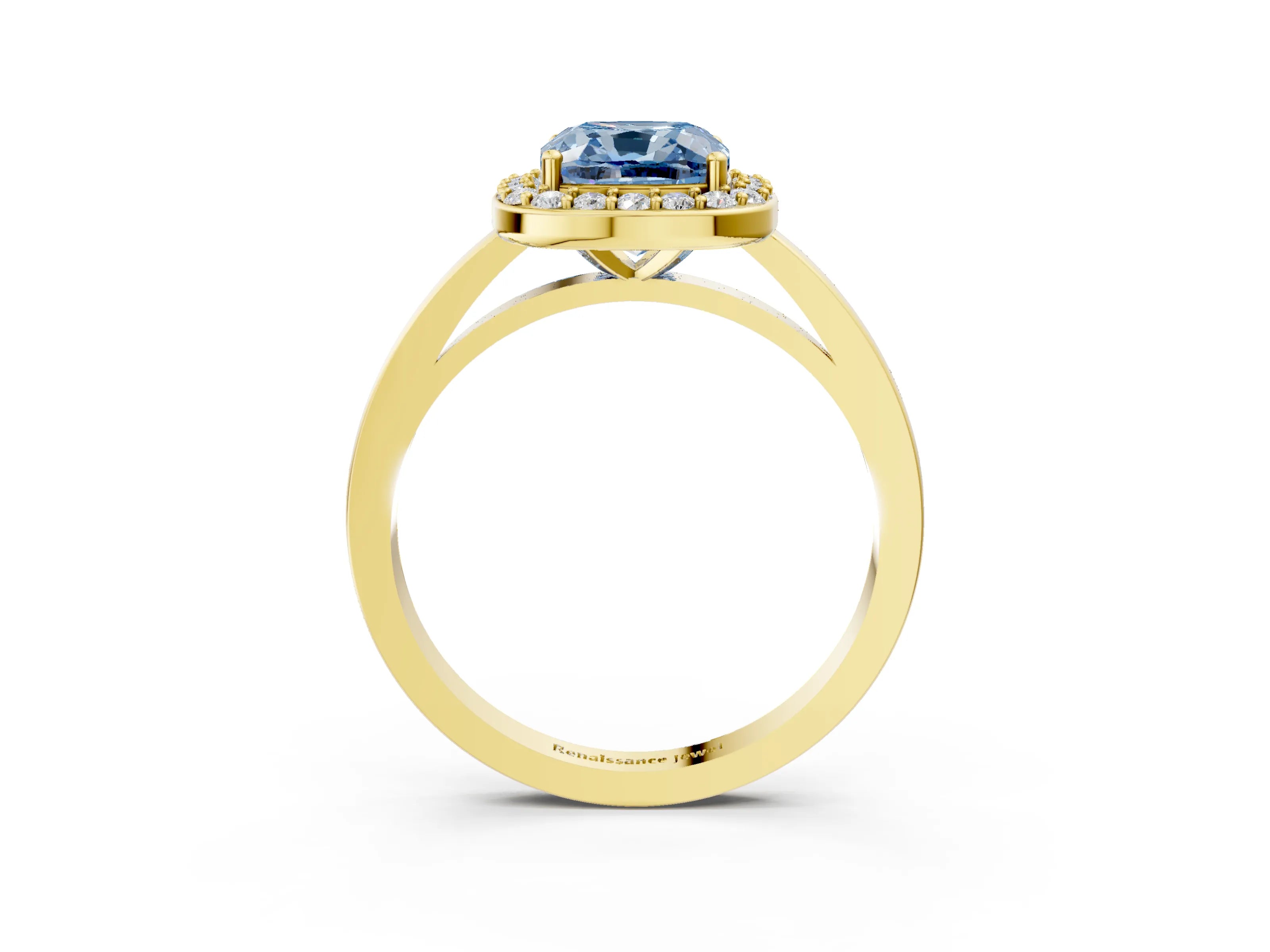 Yellow gold Fancy Blue Cushion Cut Halo Diamond Ring with Solitaire Band and Prong Setting_3