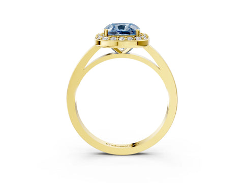 Yellow gold Fancy Blue Cushion Cut Halo Diamond Ring with Solitaire Band and Prong Setting_3