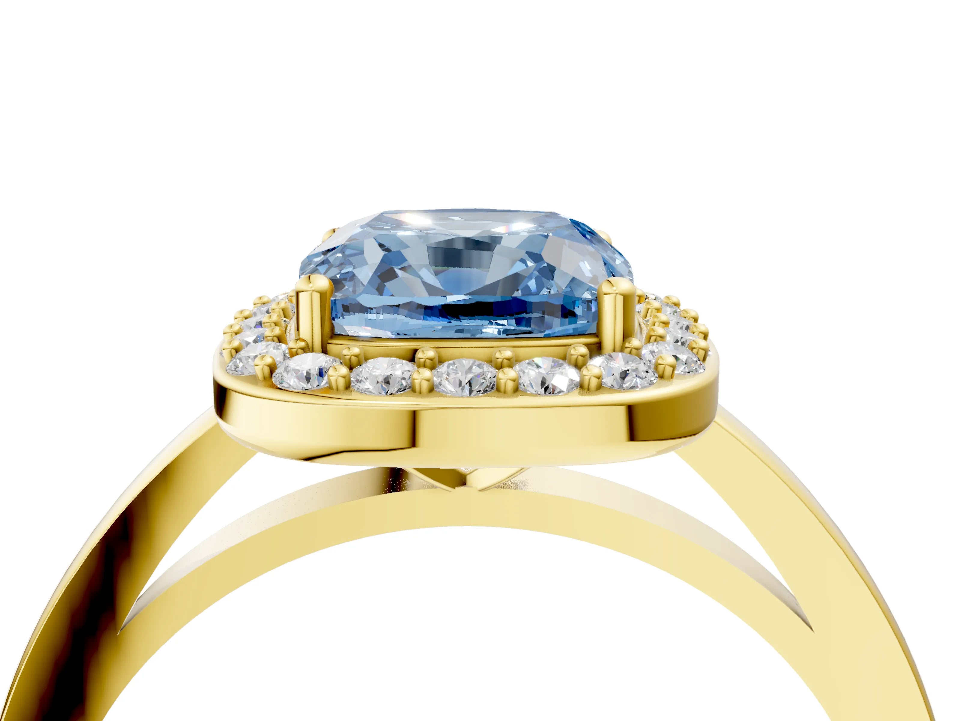 Yellow gold Fancy Blue Cushion Cut Halo Diamond Ring with Solitaire Band and Prong Setting_4