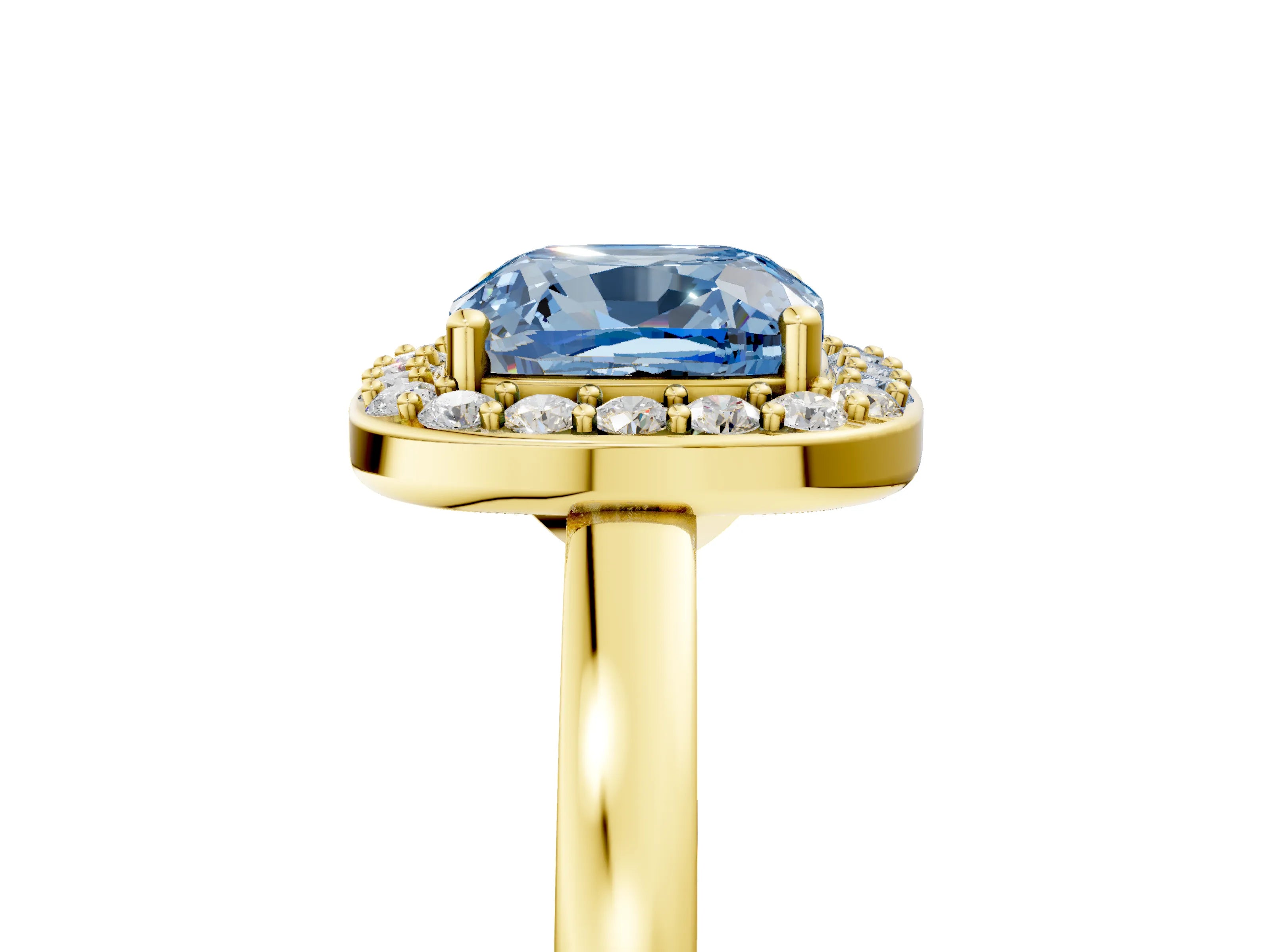 Yellow gold Fancy Blue Cushion Cut Halo Diamond Ring with Solitaire Band and Prong Setting_5