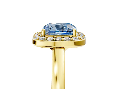Yellow gold Fancy Blue Cushion Cut Halo Diamond Ring with Solitaire Band and Prong Setting_5
